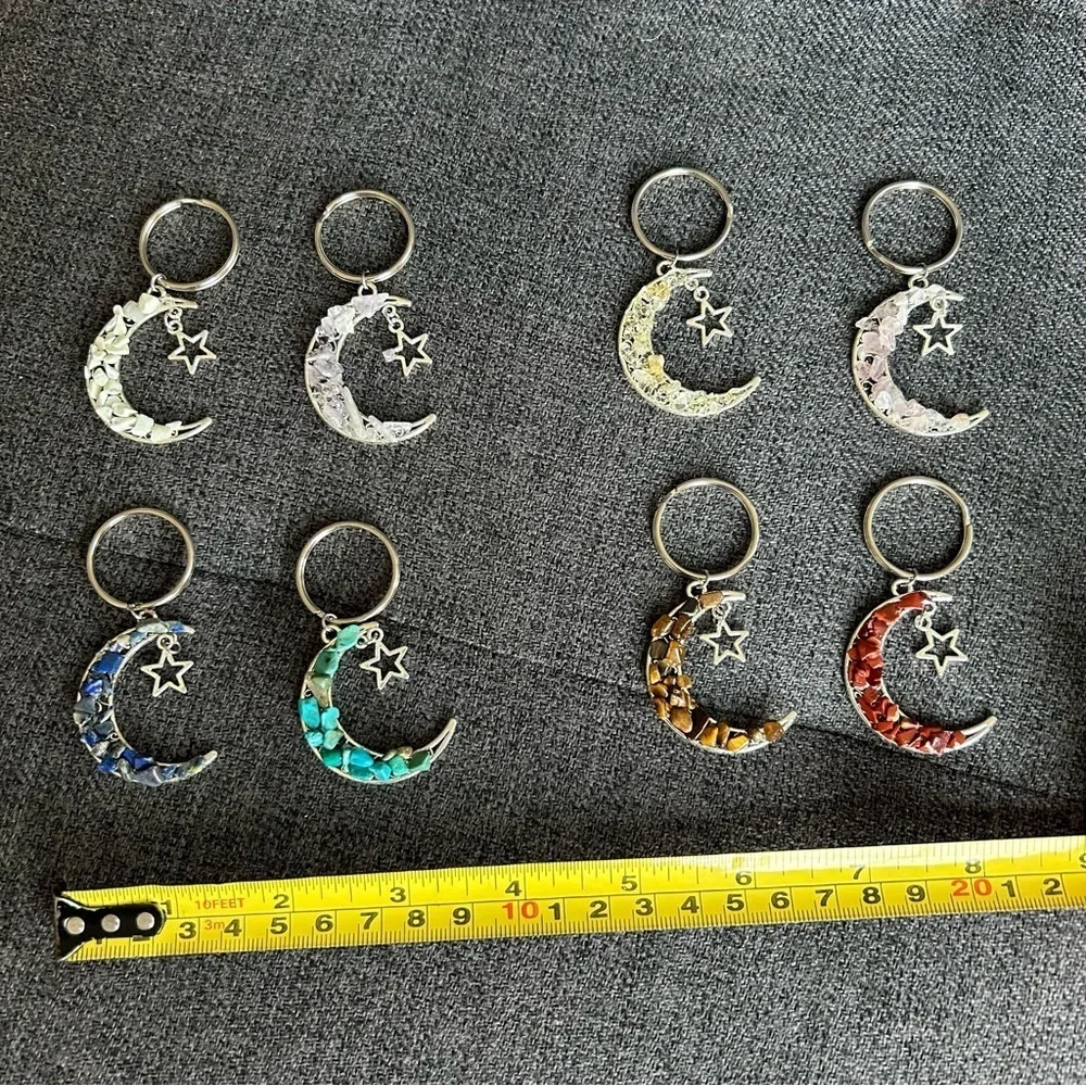 Crescent Moon + Star Crystal Keychain, Purse Charm, Colorful, Silver (Choice)